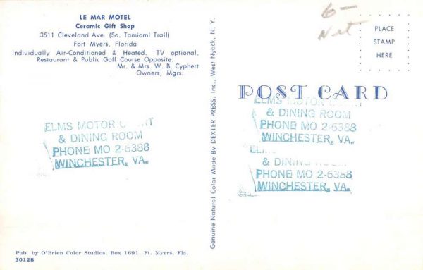 Fort Myers Florida Le Mar Motel Cermaic Gift Shop Vintage Postcard KA688540 - Image 2