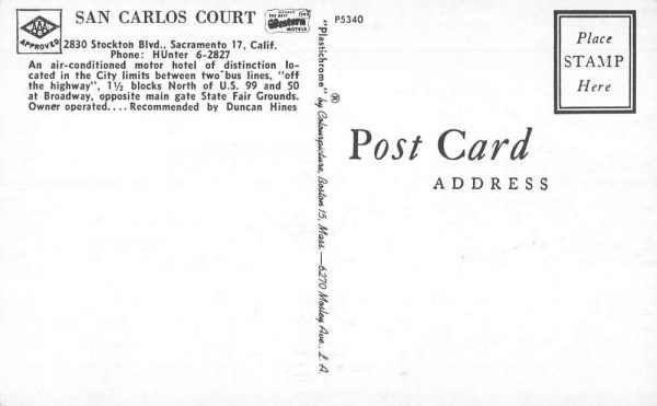 Sacramento California San Carlos Court Street View Vintage Postcard KA688600 - Image 2