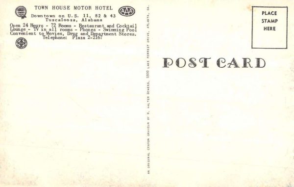 Tuscaloosa Alabama Town House Motor Hotel Vintage Postcard KA688612 - Image 2