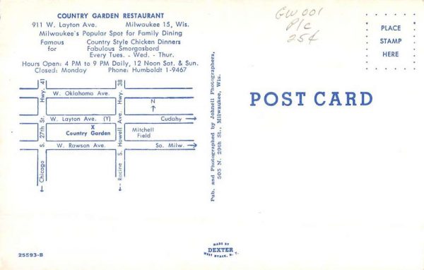 Milwaukee Wisconsin Country Garden Restaurant Vintage Postcard KA688627 - Image 2