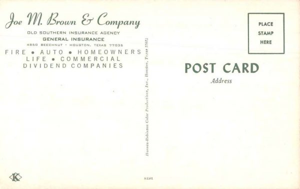 Houston Texas Joe M. Brown and Co Insurance Co Vintage Postcard JB627533 - Image 2