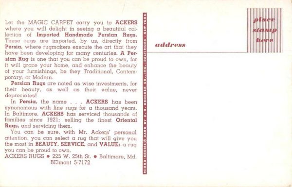 Baltimore Maryland Ackers Rugs Persian Rugs Ad Vintage Postcard JB627534 - Image 2