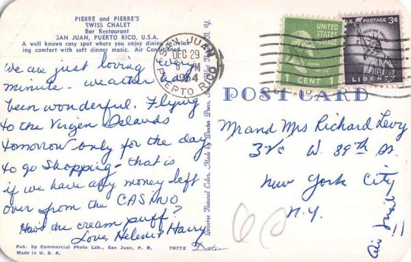 San Juan Puerto Rico Swiss Chalet Bar Restaurant Vintage Postcard JC932674 - Image 2