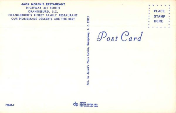 Orangeburg South Carolina Jack Nolen's Restaurant Vintage Postcard JC932795 - Image 2