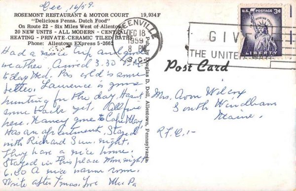 Wescosville Pennsylvania Rosemont Motor Court and Restaurant Postcard JC932832 - Image 2