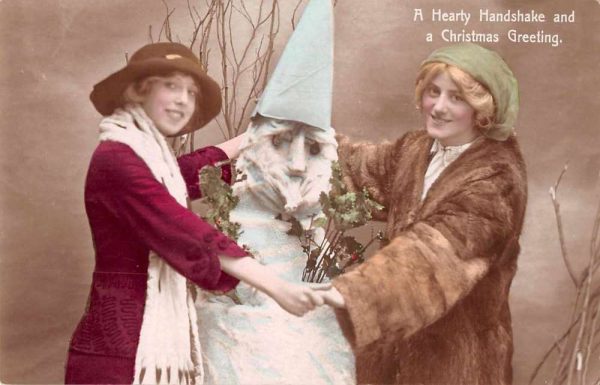 Christmas Greetings Ladies with Snowman Tinted Real Photo Vintage Postcard JC932950