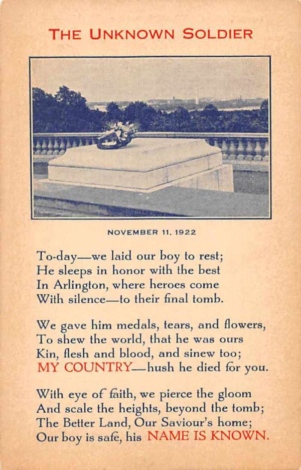 Washington DC Tomb of the Unknown Soldier Poem Vintage Postcard JC932983
