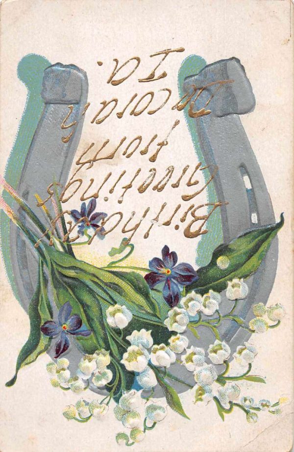 Decorah Iowa Birthday Greetings Flowers Horseshoe Postcard JD933429