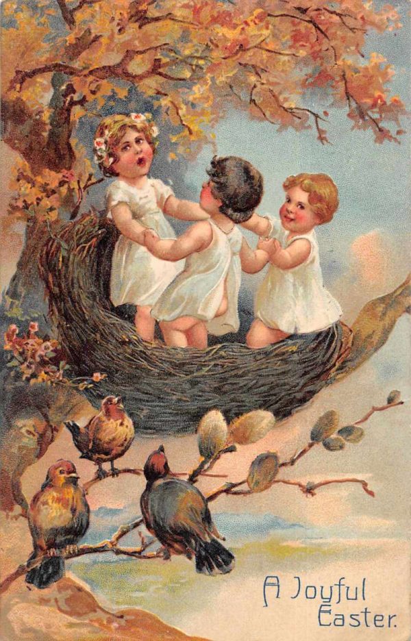 Easter Greetings Fantasy Children Dancing in Birds Nest Postcard JD933442