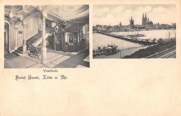 Koln Germany Hotel Ernst Vestibule and Birds Eye View Postcard JE229054