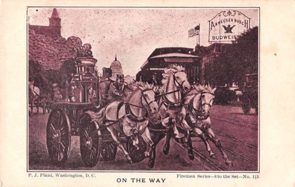 Anheuser Busch Budweiser Steam Fire Engine Firemen Vintage Postcard JE229077