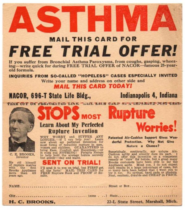 Marshall Michigan Nacor Medicine Rupture Asthma Medical Ad Postcard JE229159