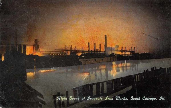 South Chicago Illinois Iroquois Iron Works Night Scene Vintage Postcard JE229227