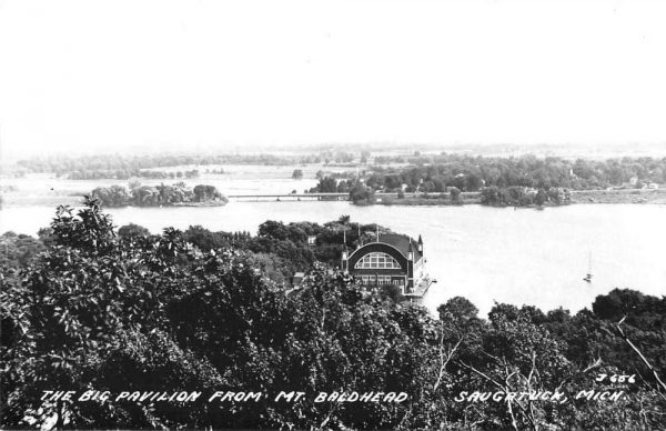 Saugatuck Michigan Big Pavillion from Mt Baldhead Real Photo Postcard JE229478