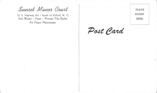 Enfield North Carolina Sunset Manor Court Interior Exterior Postcard JE229515 - Image 2