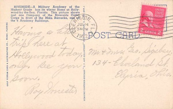 Hollywood-by-the-Sea Florida Riverside Military Academy Postcard JE229584 - Image 2