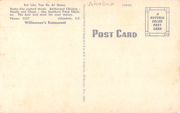 Allendale South Carolina Williamson's Restaurant Jukebox Postcard JE229701 - Image 2