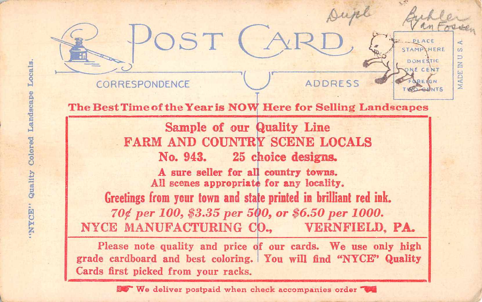 Terryville Florida Greetings Vernfield Pennsylvania PC Ad Postcard JE229715 - Image 2