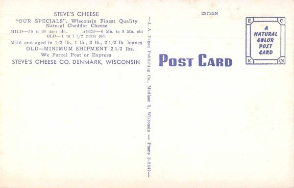 Denmark Wisconsin Prize Winning Cheese Steve's Cheese Co Postcard JE229761 - Image 2