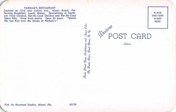 Miami Beach Florida Parham's Restaurant Vintage Postcard JE229799 - Image 2