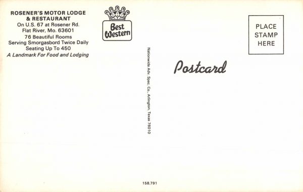 Flat River Missouri Rosner's Motor Lodge and Restaurant Postcard JE229805 - Image 2