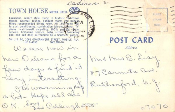 Mobile Alabama Town House Motor Hotel Vintage Postcard JE229810 - Image 2
