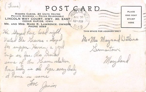Cedar Rapids Iowa Lincolnway Court Cabins Vintage Postcard JE229811 - Image 2
