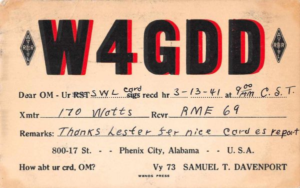 Phenix City Alabama W4GDD QSL Radio Card Vintage Postcard JE229813