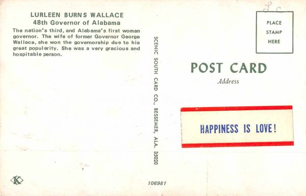 Lurleen Burns Wallace First Woman Governor of Alabama Vintage Postcard JE229818 - Image 2