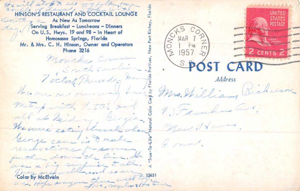 Homosassa Springs Florida Hinson's Restaurant Vintage Postcard JE229823 - Image 2