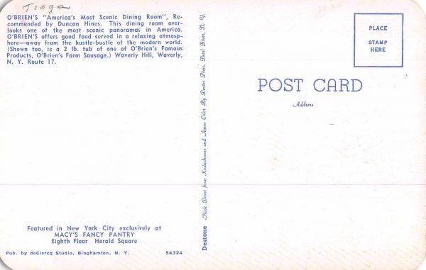 Waverly New York O'Brien's Restaurant Vintage Postcard JE229830 - Image 2
