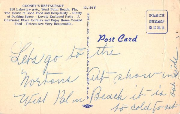 West Palm Beach Florida Cooney's Restaurant Dining Room Postcard JE229870 - Image 2