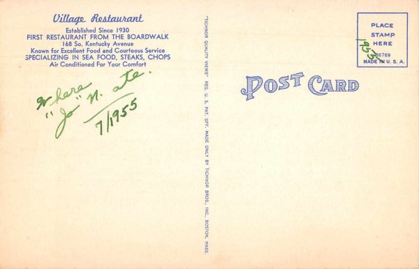 Atlantic City New Jersey Village Restaurant Linen Vintage Postcard JE229872 - Image 2