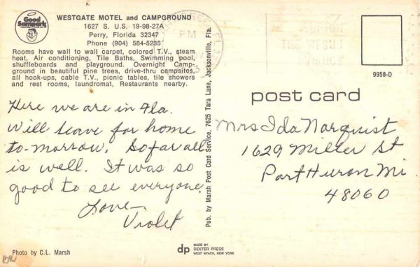 Perry Florida Westgate Motel and Campground Vintage Postcard JF686286 - Image 2