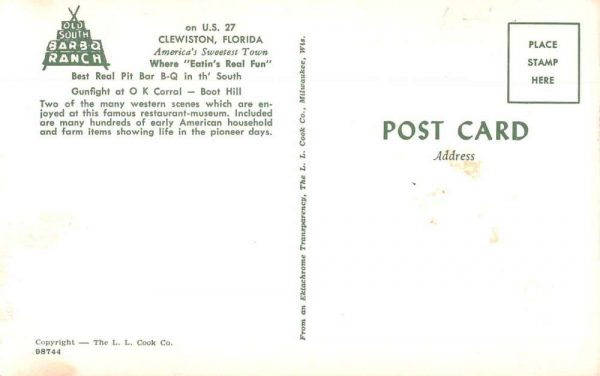 Clewiston Florida Old Bar-b-q Ranch Vintage Postcard JF686291 - Image 2