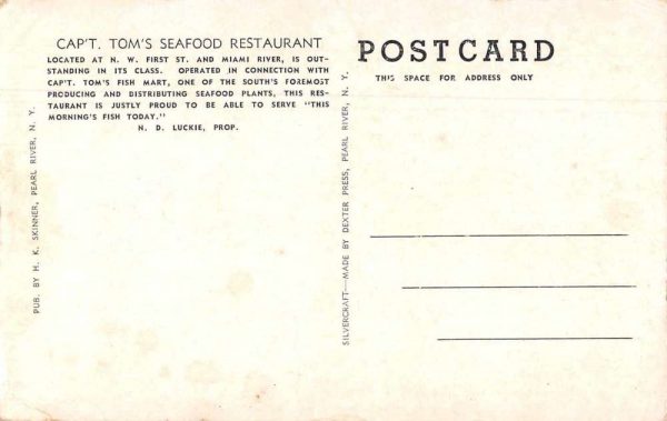 Miami Florida Capt. Tom's Restaurant Vintage Postcard JF686340 - Image 2
