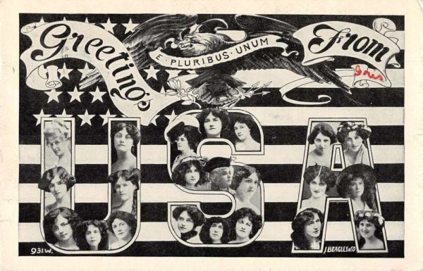 Greetings USA United States Large Letter Patriotic Ladies Postcard JF686348