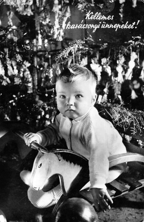 Christmas Greetings Baby Toy Rocking Horse Real Photo Vintage Postcard JF686513
