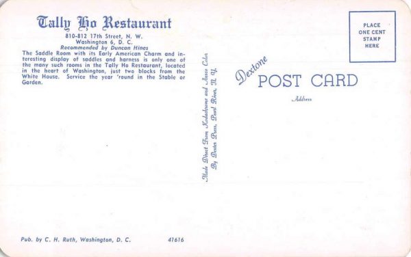 Washington DC Tally Ho Restaurant Dining Room Vintage Postcard JF686573 - Image 2