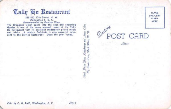 Washington DC Tally Ho Restaurant Dining Room Vintage Postcard JF686575 - Image 2