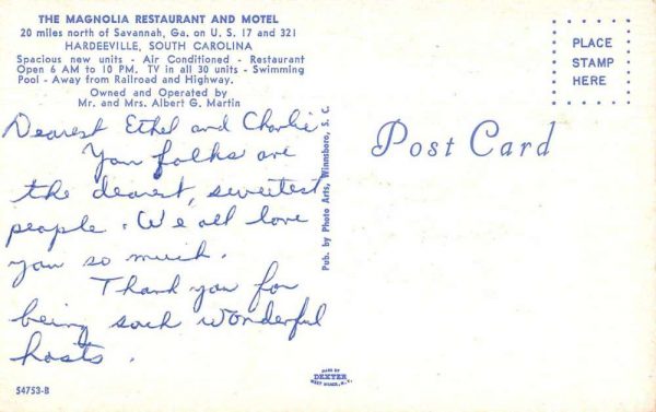 Hardeeville South Carolina Magnolia Restaurant and Motel Postcard JF686604 - Image 2