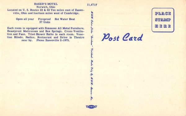 Norwich Ohio Baker's Motel Linen Vintage Postcard JF686638 - Image 2