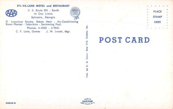 Sylvania Georgia Syl-Va-Lane Motel and Restaurant Vintage Postcard JF686668 - Image 2