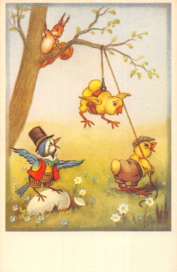 Dressed chick and bird hoisting chick in tree squirrel above antique pc ZB548005