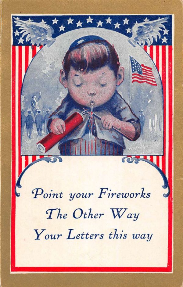 "Point Your Fireworks The Other Way" little boy US Flag antique pc ZB548025