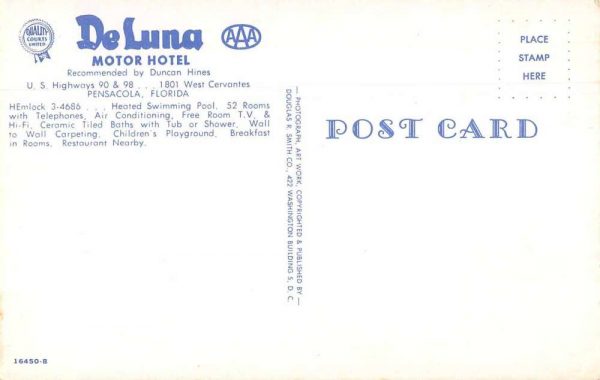 Pensacola Florida DeLuna Motor Hotel Coke Machine Vintage Postcard JF686848 - Image 2