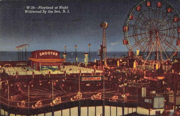 Wildwood New Jersey Playland at Night Ferris Wheel Vintage Postcard JF686902