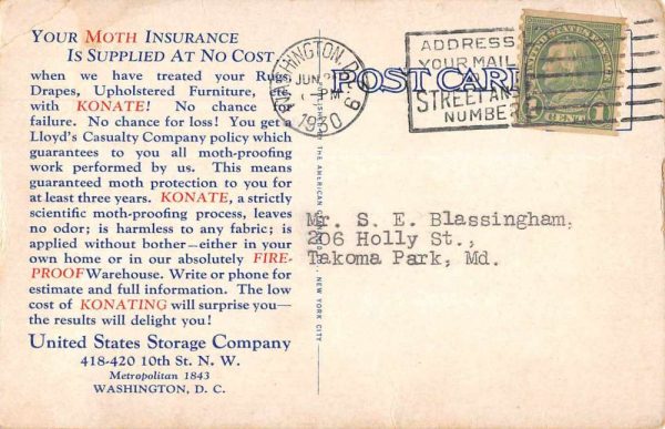 Washington DC Konate Moth Proofing Vintage Postcard JF686981 - Image 2