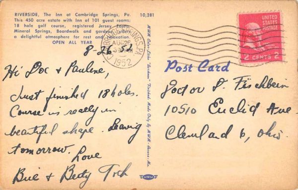Cambridge Springs Pennsylvania Riverside Golf Clubhouse Postcard JF235041 - Image 2