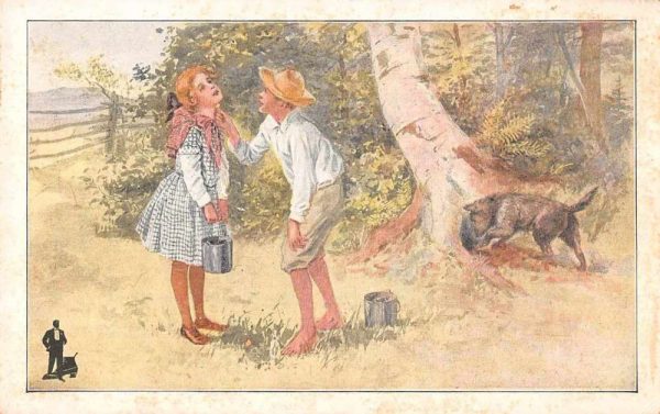 Romance Greetings Children with Buttercup Flowers and Dog Postcard JF235127
